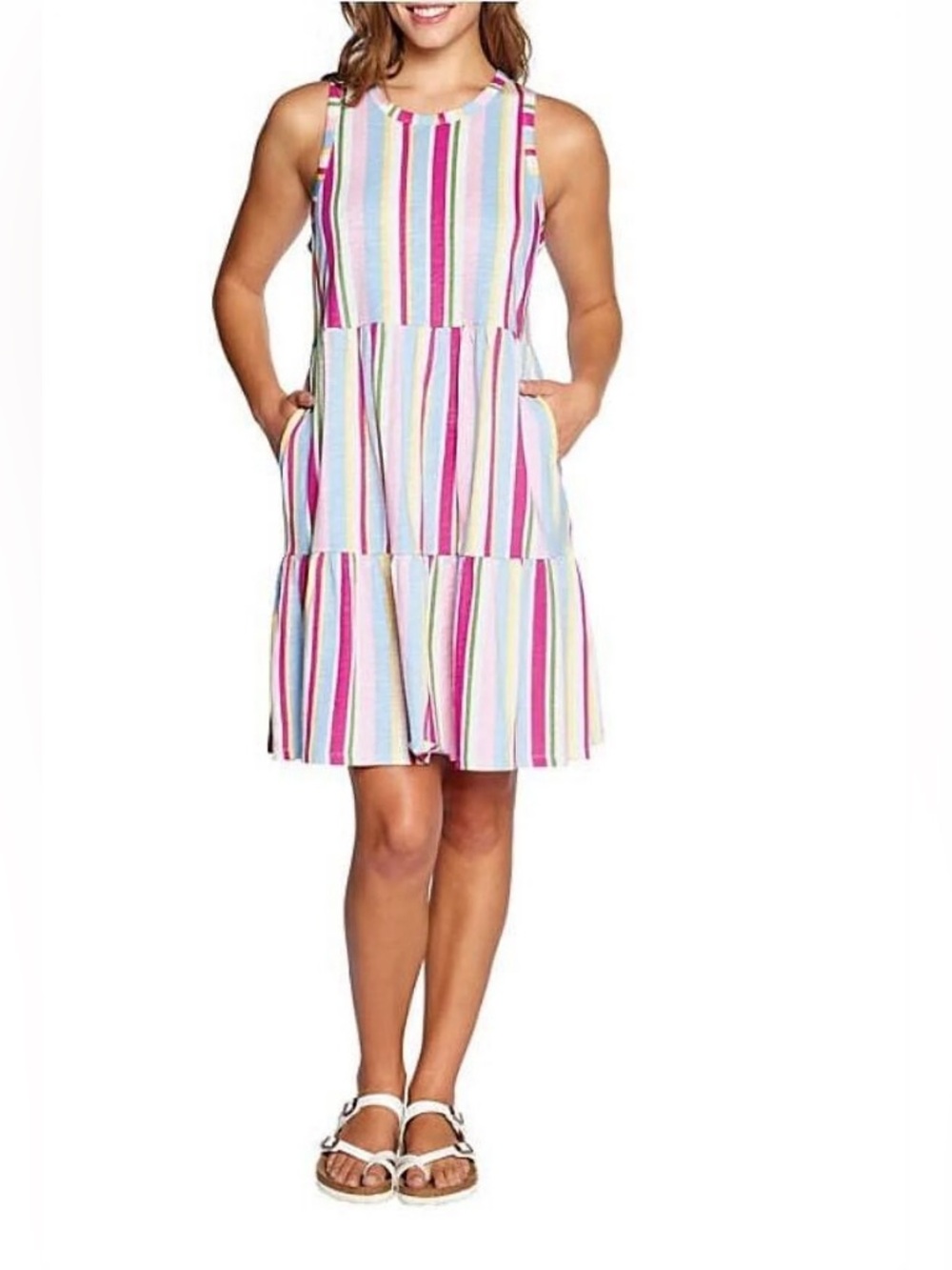 EUC Gap Cotton Modal Lightweight Tiered Sleeveless Sun Dress Multicolor Stripes